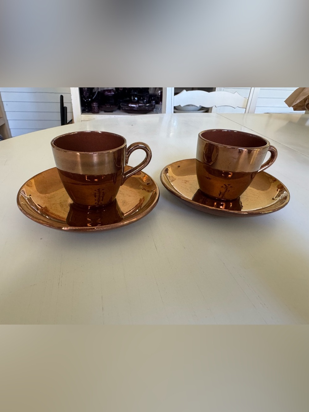 Antique French Sarreguemines Copper Luster Demitasse 2 Sets plus extra cup